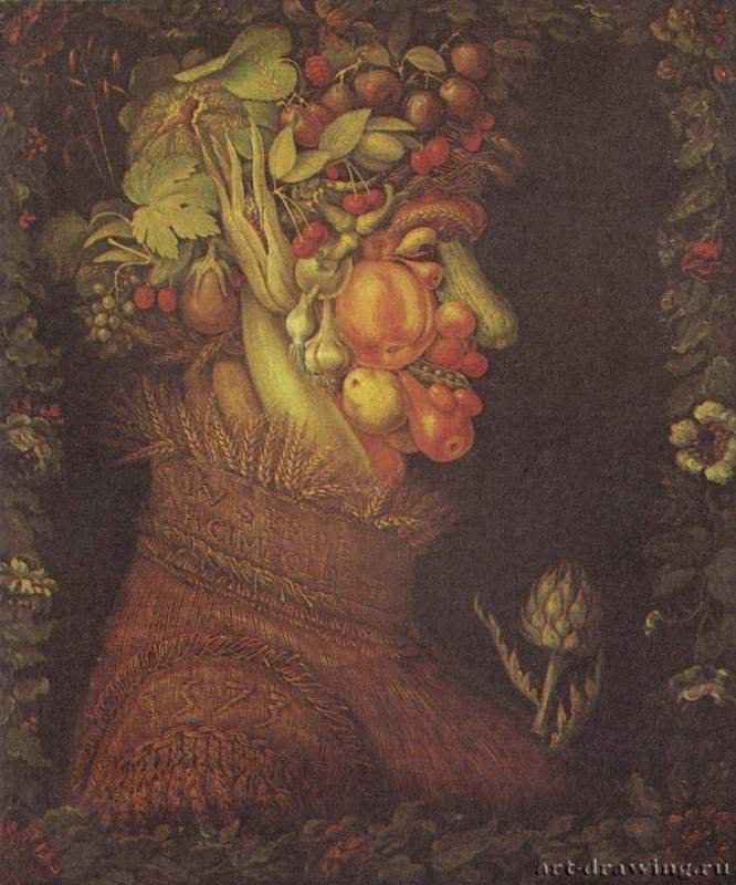 Лето, 1573. - 76 x 63,5 см Дерево. Маньеризм. Италия. Париж. Лувр. Вблизи картина кажется чемто наподобие воплощения мечты эеленщика. Но если несколько отступить назад, возникает очертания человеческой головы. Она сплошь составлена из летних плодов и овощей, но известно, что Арчимбольдо использовал также изображение горшков, кастрюль и даже рабочих инструментов, создавая свои загадочные образы. Наиболее важные его произведения били написаны в Праге, где он находился на службе у императоров из династии Габсбургов. Кроме живописных работ, Арчимбольдо исполнял и другие придворные обязанности создание декораций для празднеств, приобретение произведений искусства для императорской коллекции, а также проектирование и устройство водных сооружений. Картины Арчимбольдо считались странноватыми, хотя им нередко подражали. Признание художник получил только тогда, когда сюрреалисты увидели в нем своего единомышленника, любившего зрительные каламбуры.