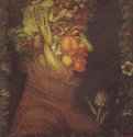 Лето, 1573. - 76 x 63,5 см Дерево. Маньеризм. Италия. Париж. Лувр. Вблизи картина кажется чемто наподобие воплощения мечты эеленщика. Но если несколько отступить назад, возникает очертания человеческой головы. Она сплошь составлена из летних плодов и овощей, но известно, что Арчимбольдо использовал также изображение горшков, кастрюль и даже рабочих инструментов, создавая свои загадочные образы. Наиболее важные его произведения били написаны в Праге, где он находился на службе у императоров из династии Габсбургов. Кроме живописных работ, Арчимбольдо исполнял и другие придворные обязанности создание декораций для празднеств, приобретение произведений искусства для императорской коллекции, а также проектирование и устройство водных сооружений. Картины Арчимбольдо считались странноватыми, хотя им нередко подражали. Признание художник получил только тогда, когда сюрреалисты увидели в нем своего единомышленника, любившего зрительные каламбуры.