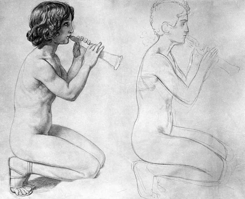 А. А. Иванов: Мальчик, играющий на свирели. Итальянский карандаш. Около 1831 - 1834. Третьяковская галерея. Москва.