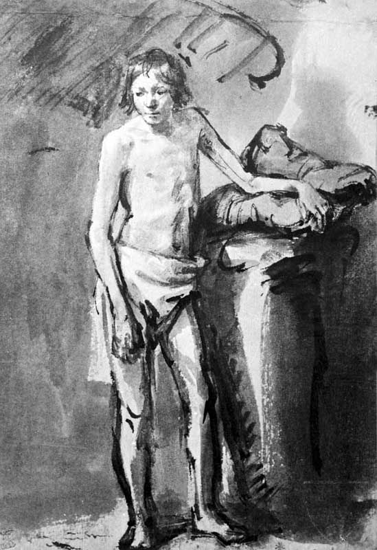 Рембрант: Стоящий натурщик. Бистр, белила, перо, кисть. 1646. Графическое собрание Альбертина. Вена.